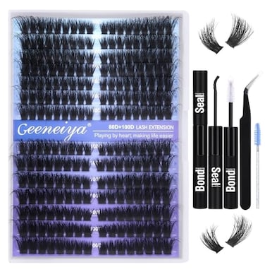 Geeneiya Premade Cat Eye Lash Extension Kit Lash Clusters Kit 916mm Wispy Cluster Eyelash Extension Kit 80D100D Individual Eyelashes with Lash Bond and Seal Lash Tweezers by