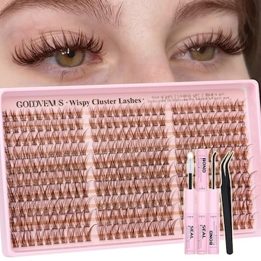 Goddvenus Brown Lash Clusters Kit Natural 300Pcs Wispy Lashes Cluster Eyelash Cluster Extensions Kit C Curve Individual Lashes Extensions Kit For DIY Waterproof Long Lasting Light Brown1016mm