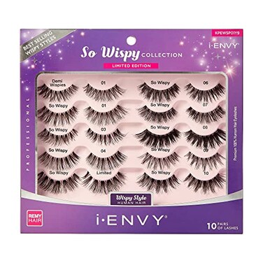 iENVY 10 Pairs So Wispy Human Hair Eyelashes Multipack Natural Dramatic Fluffy False Lashes Invisible Band Volume Curl Lightweight Reusable