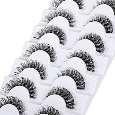 Yawamica False Eyelashes Wispy Natural C Curl Strip Lashes Transparent Lash Bands Fluffy Cat Eye Lashes 7 Pairs by