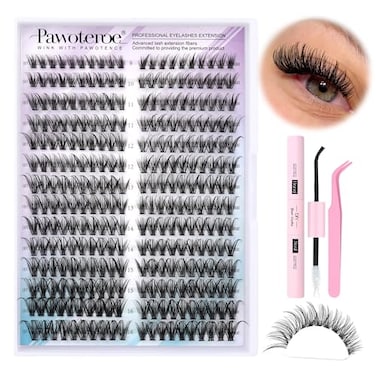 Pawotence Lash Clusters Kit Cat Eye Lash Extension Kit DIY 916mm Cluster Eyelash Extensions Kit 40D Individual Lashes with Lash Bond and Seal Lash Tweezers for Self Use Fox 40D 916mm Kit