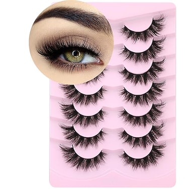 Kiromiro Mink Lashes False Eyelashes Wispy 3D Volume Cat Eye Faux Mink Eyelashes Natural Look 18mm Strip Eyelashes Pack 7 Pairs by