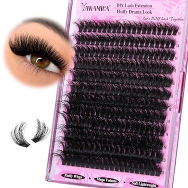 Yawamica Fluffy Lash Clusters Thick 200D Volume Eyelash Clusters 1420mm Wispy Individual Lashes D Curly Cluster Eyelash Extensions 240pcs DIY Lash Extension for Beginners