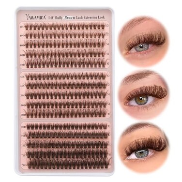 Yawamica Brown Lash Clusters Fluffier Eyelash Extension 1016mm Individual Lashes D Curly Eyelash Clusters 40D50D70D Volume 300pcs Cluster Lashes Pestaas Pelo a Pelo DIY Lash Extension at Home