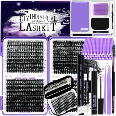 DNSGOOR DIY Lash Extension Kit 804Pcs D Curl Individual Lash Clusters Eyelashes Extension Set with Mirror Lash Storage Box Lash BondSeal Glue Remover Tweezers Lash Brush Applicator