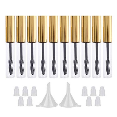 GTHER 10PCS 10ML Empty Mascara Tubes Bottles with Wand Rubber Inserts Funnels Set for Castor OilEyelash Growth Oil DIY Mascara Eyelash Cream Container with Cap Gold