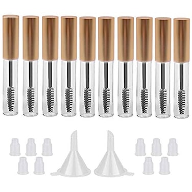 GTHER 10PCS 10ML Empty Mascara Tube Bottle with Eyelash Wand Rubber Inserts Funnels Set for Castor OilEyelash Growth Oil DIY Mascara Eyelash Cream Container with Cap Matte Gold