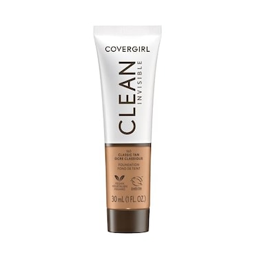 COVERGIRL Clean Invisible Foundation Makeup Dewy Glowy Natural Finish Buildable Coverage SkinLike Smooth Look Vegan Classic Tan 1oz