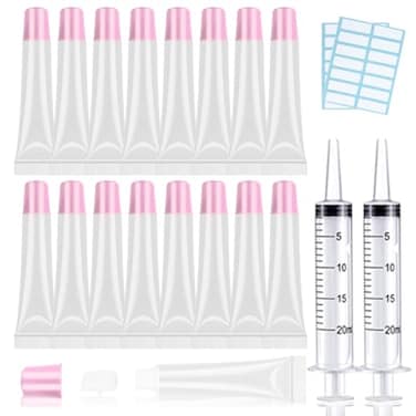 AMORIX 50PCS Lip Gloss Tubes 20ml Pink Cap Lip Gloss Containers Empty Lip Balm Tubes Refillable Cosmetic Squeeze Lipgloss Tubes 2 x 20ml Syringes Tag Labels for DIY Lip Gloss Glitter