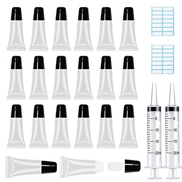 AMORIX 50PCS Lip Gloss Tubes 5ml Black Cap Refillable Cosmetic Syringes Labels for DIY Lip Gloss Base Glitter