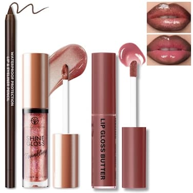 HOSAILY 2 Color Nourishing Lip Gloss Brown Liner Combo Hydration Plumping Glitter Lip Glow Oil Set for Women Moisturizing Lightweight Long Lasting High Shine Lip Tint Mini Liquid Lipstick Makeup