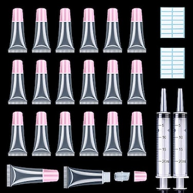 AMORIX 50PCS Lip Gloss Tubes 5ml Pink Cap Lip Gloss Containers Empty Lip Balm Tubes Squeeze Lipgloss Tubes 2 x 20ml Syringes Tag Labels for DIY Lip Gloss Base Glitter