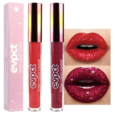 evpct 2Pcs Red Glitter Metallic Shimmer Diamond Lipstick Lip Gloss Stain Set for Women Long Lasting Waterproof Dark Hot Bright Red Sparkle Glitter Matte long wear Liquid Lipstick Lip Makeup Kit