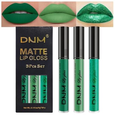 evpct 3Pcs Dark Pale Teal Forest Emerald Green Matte Glitter Shimmer Shiny Liquid Lipstick Lip Stain Sets for Women MatteLipstick Long Lasting Waterproof 24 hr Magic Lipstick 24 Hours original