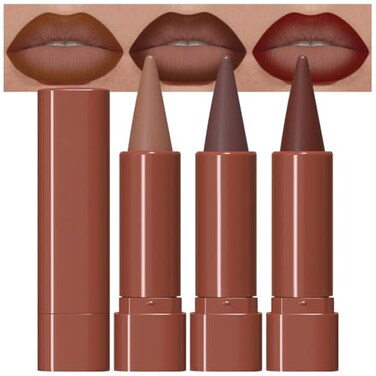 evpct 3Pcs Warm Brown Maroon Dark Wine Red Gradient Matte Lipstick Lip Liner Crayon Combo Pencil Set for Women Long Lasting Cream Lip Liner and Lipstick Combo MakeupFlawless Gradual Ombre Effect