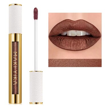 MAKI YIKA Brown Lipstick for Women Metallic Lipsticks Glitter Long Lasting Lipstick No Smudge No Transfer Liquid Lip Gloss BR04 After Heat