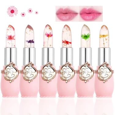 Skynest Btspring Clear Flower Jelly Lipstick 6 Packs Nutritious Moisturizer Lip Balm Temperature Color Change Lipstick Matte Long Lasting Lip Gloss Pink