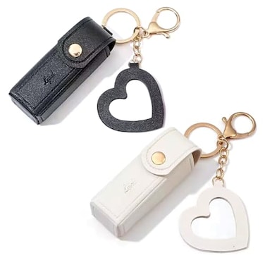 DIYBravo 2 pcs Lipstick Cases Keychain Chapstick Case Holder Lip Balm Sleeves Pouch with Mirror Heart Shaped Portable Leather Lip Gloss Mini Bags Stocking Stuffers blackwhite