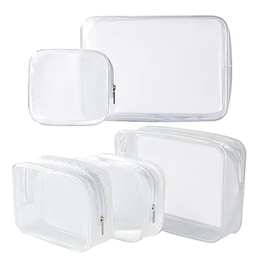 Homtable 5 Pack Clear Plastic Zippered Toiletry Carry Pouch White Mixed Size TSA Approved Portable Cosmetic Makeup Bag For Vacation Bathroom and Organizing