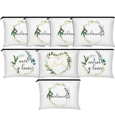 Weewooday 8 Pcs Bridesmaid Makeup Bag Matron of Honor Gifts Bridal Bag for Bridal Wedding Party GiftLeaves Pattern