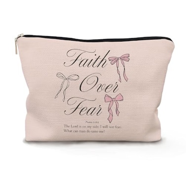 BARPERY Pink Christian Makeup Bag Faith Over Fear Coquette Bow Preppy Girly Gift
