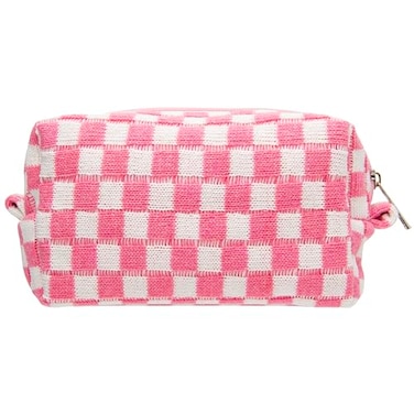 PAZIMIIK Checkered Makeup Bag for Purse Portable Zipper Make Up Pouch Small Cosmetic Case for Travel Accessories Pink White