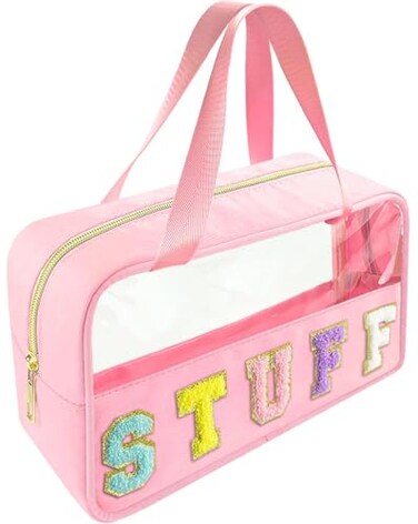 Bunliuys Chenille Letter Clear Makeup Bag Stuff Patch Travel Toiletry Makeup Bag with Handle Nylon Waterproof Makeup Bags clear cosmetic bag preppy patch makeup bag for Women STUFFPink