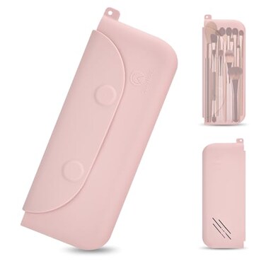 COOL-ANGLE COOLANGLE Silicone Makeup Brush Holder Large Travel Makeup Brush Case Original Design Brushes Holder with Magnetic Closure Pink
