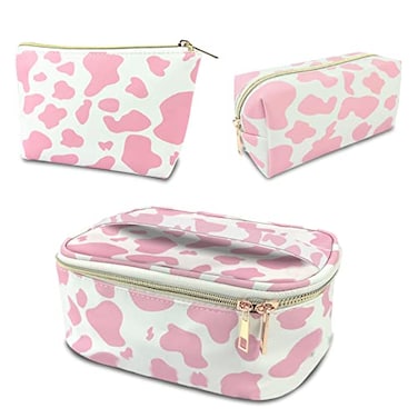 Deokke 3Pcs Makeup BagTravel Makeup BagMakeup Bags for WomenMakeup Brush BagLarge Capacity PU Cosmetic BagWaterproof and DurablePink Cow Pattern