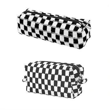 Doromy 2Packs Checkered Makeup Bag Large Black and White Preppy Comestic Bag Set Travel Makeup Pouch Bag Large Capacity Pencil Case Makeup Brushes Storage Bag for Women