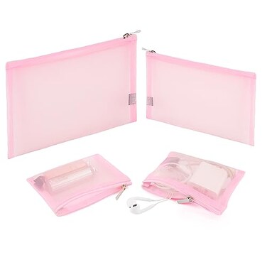 EASYFUN Mesh Pouch Make up Bag with Zipper Cosmetic Organizer Pouch for Daily or Travel to Keep Small Items 4 PCS Pink