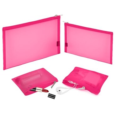 EASYFUN Mesh Pouch Make up Bag with Zipper Cosmetic Organizer Pouch for Daily or Travel to Keep Small Items 4 PCS Rose red