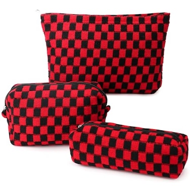EIMMBD Makeup Bag 3 Pieces Large Capacity Checkered Cosmetic Bags Travel Toiletry Bag Organizer Cute Makeup Pouch Storage for WomenRed Black