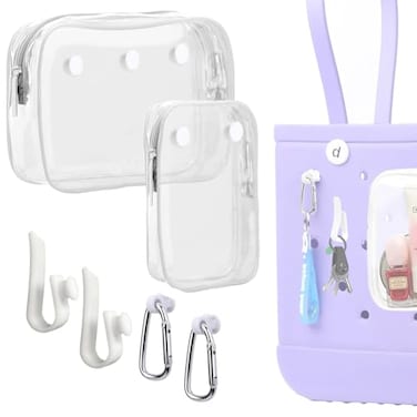 Everfunny 3 Packs Clear Bogg Beach Tote Bag with 2 Pack Insert Hooks Accessories for Bogg Bags Travel Makeup Clean Toiletry Brush Organizer Cosmetic Divider Storage Inner Pouch White set of 2