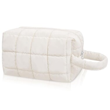 Gosect Quilted Cute Makeup Bag Checkered Cosmetic Bags with Divider Waterproof Travel Toiletry Bag Puffy Make up Pouch for Women Travel Essentials Handle White Medium