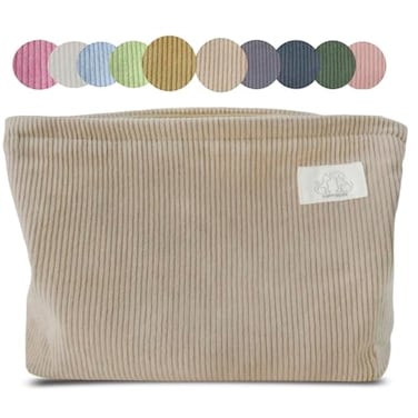 HAPPYHEIDI Creamy Light Khaki Corduroy Makeup Bag Cosmetic Toiletry Travel Pouch Make Up Accessory Purse Organizer Canvas Lined
