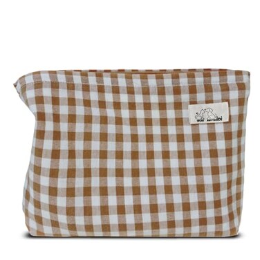HAPPYHEIDI Khaki Gingham Cotton Makeup Bag Cosmetic Travel Pouch with Bottom Make Up Purse Organizer Zipper Closure Canvas Lined