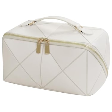 IMCUZUR Travel Makeup Bag Large Cosmetic Bag for Women Open Flat Make up Bag Portable Skincare Bag with Handle White