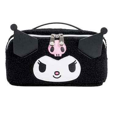 IMPRESSIONS VANITY Impressions Vanity Kuromi Unfold Travel Makeup Bag Organizer Opens Flat Zippered Cosmetic Bag with Cozy Sherpa Fabric Texture Dual Compartments Inner Pockets and Top Carrying Handle