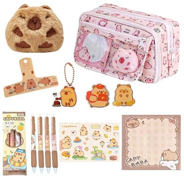 IN Chenthy Capybara Pencil Case Kit with Plush Doll20 Stickers2 BroochesSticky NotesPenPendant9Layer Large Capybara Stationery Set Kawaii Makeup Bag Pink Print