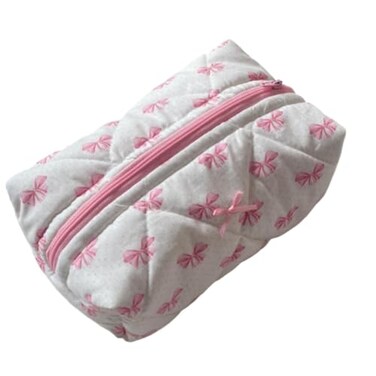 irLocy Coquette Bow Y2k Makeup Bag Cute Quilted Make Up Pouch Small Preppy Floral Cosmetic Bag Toiletry Organizer Bag Pink bow tie