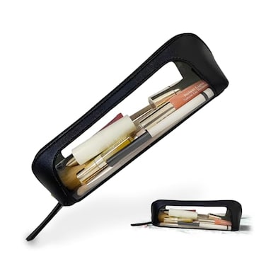 JFANexplore Clear Makeup Brush Bag CaseLeather Travel Make up Brush Holder Portable MakeupBrush Case Make Up Brush Pouch for Makeup Tools Cosmetic Organizer with Zipper Black