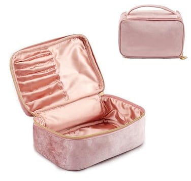 KOPY Velvet Makeup Bag for Women Large and Classy Makeup Organizer Make Up Travel Toiletry Bag Portable With Handle Pink