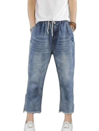 Lavnis Womens Cropped Jeans Cotton Loose Denim Pants Casual Elastic Waist Ripped Jean Joggers Blue 5 M