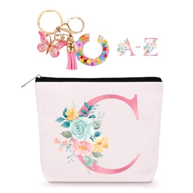 Lingdeer Personalized Makeup Bag with Initial Keychain Custom Initial Monogram Small Travel Cosmetic Toiletry Bag Birthday Gifts for Women Bridesmaid Teacher C