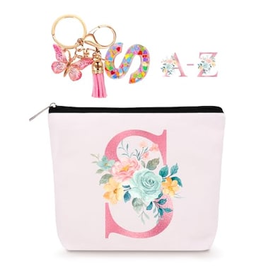 Lingdeer Personalized Makeup Bag with Initial Keychain Custom Initial Monogram Small Travel Cosmetic Toiletry Bag Birthday Gifts for Women Bridesmaid Teacher S