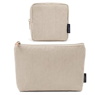 MAGEFY Small Makeup Bag 2 Pcs Corduroy Makeup Bag for Purse Make Up Organizer Bag Mini Pouch with Slipin Pockets Aesthetic Preppy Stuff Beige