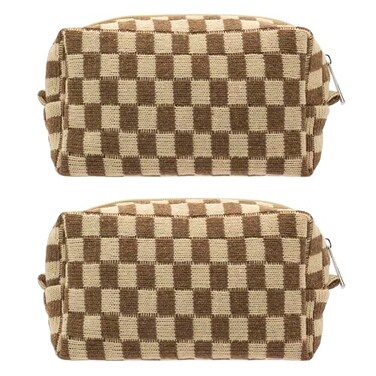 PAZIMIIK Checkered Makeup Bag for Purse Portable Zipper Make Up Pouch Small Cosmetic Case for Travel Accessories 2PCS Coffee