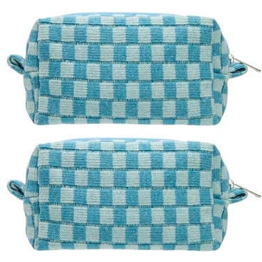 PAZIMIIK Checkered Makeup Bag for Purse Portable Zipper Make Up Pouch Small Cosmetic Case for Travel Accessories 2PCS Lake Blue