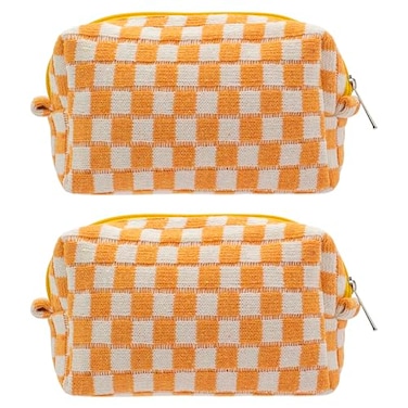 PAZIMIIK Checkered Makeup Bag for Purse Portable Zipper Make Up Pouch Small Cosmetic Case for Travel Accessories 2PCS Orange